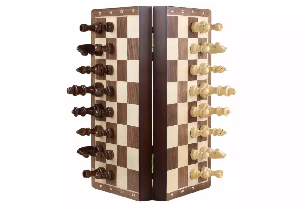 Szachy magnetyczne drewniane 31 cm (orzech/klon) intarsjowane